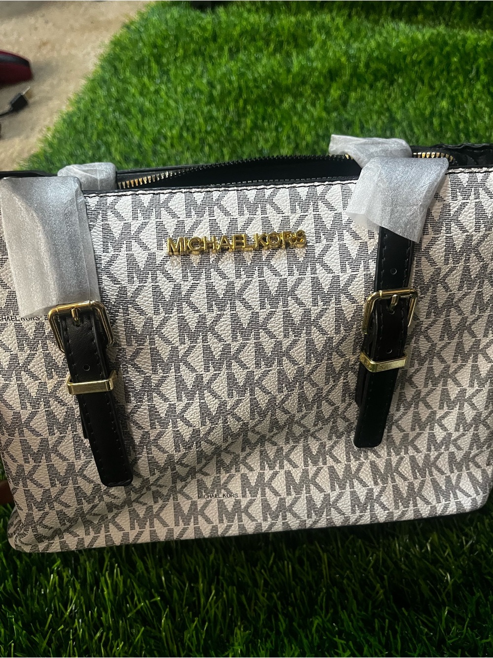 Michael Kors Gray & White MK Monogram Tote with Black Straps